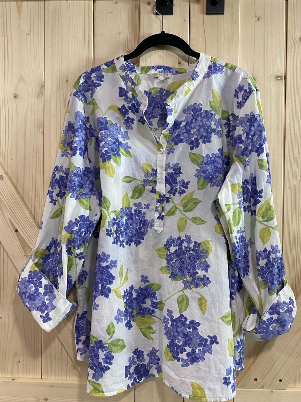 Talbots Purple Hydrangea Floral Print Button Front Mandarin Collar Blouse XL